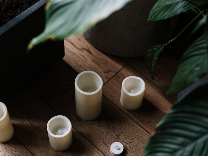 Minimalist yoga studio interior with soft neon lighting and bamboo flooring
